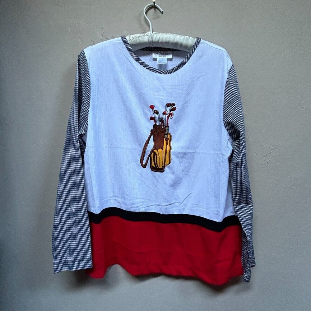 Adolfo Sport Womens Embroidered Golf Top Small White Red Long Sleeve Lightweight